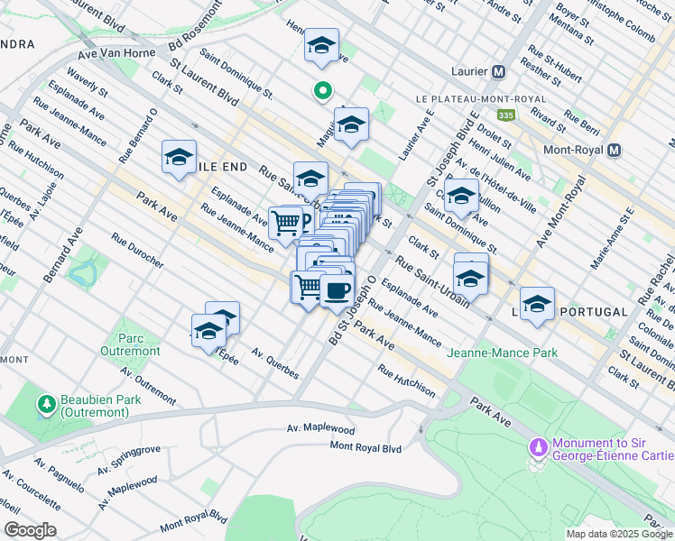 map of restaurants, bars, coffee shops, grocery stores, and more near 224 Avenue Laurier Ouest in Montréal