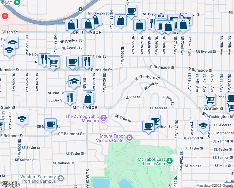 map of restaurants, bars, coffee shops, grocery stores, and more near 6451 Southeast Thorburn Street in Portland