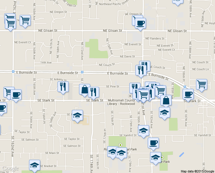 map of restaurants, bars, coffee shops, grocery stores, and more near 17550 Southeast Pine Street in Portland