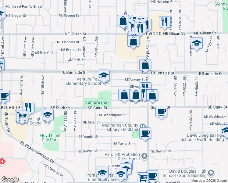 map of restaurants, bars, coffee shops, grocery stores, and more near 11721 SE Pine St in Portland