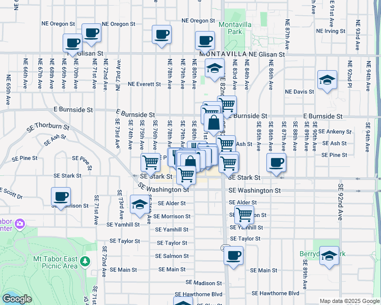 map of restaurants, bars, coffee shops, grocery stores, and more near 245 Southeast 80th Avenue in Portland
