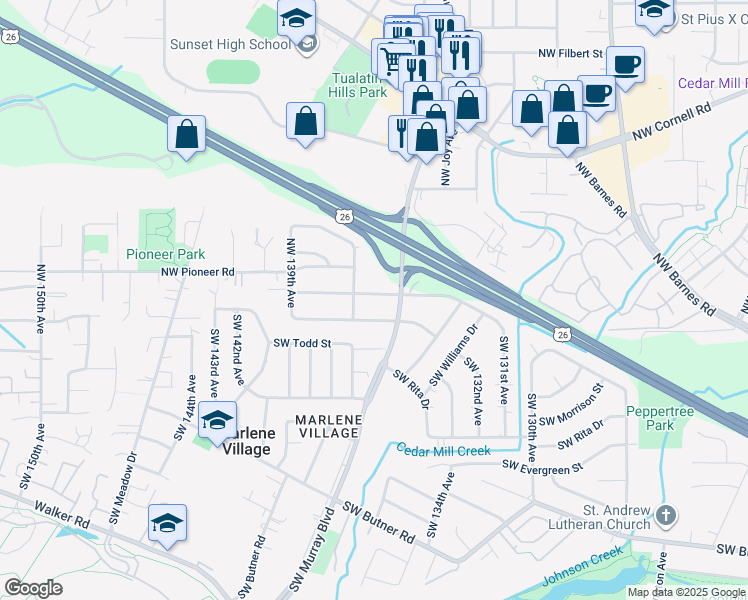 map of restaurants, bars, coffee shops, grocery stores, and more near 13640 Northwest Mill Creek Drive in Portland