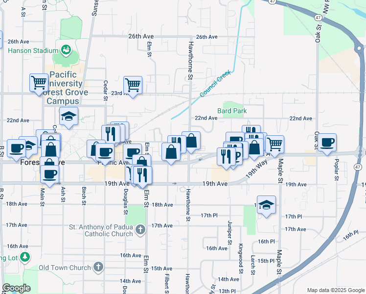 map of restaurants, bars, coffee shops, grocery stores, and more near 2027 Filbert Street in Forest Grove