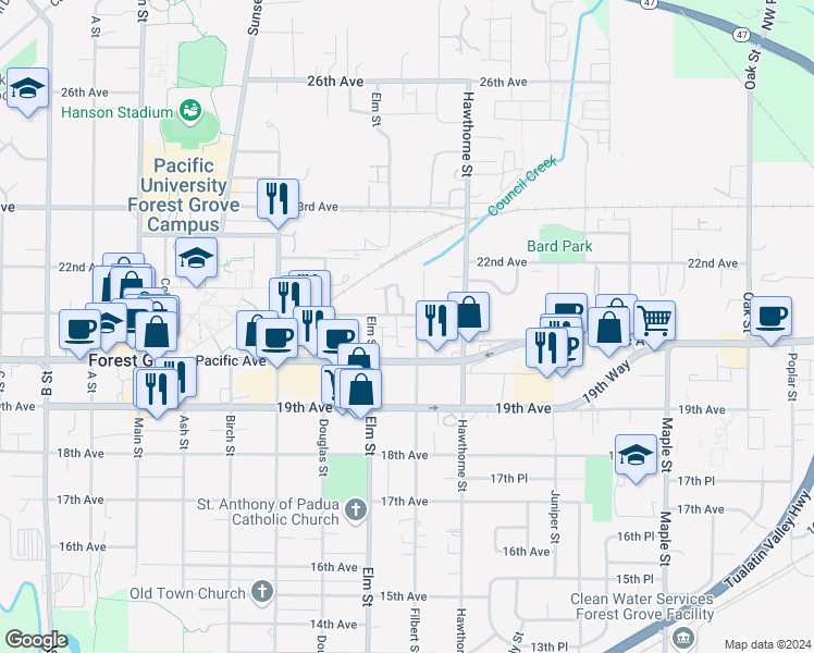 map of restaurants, bars, coffee shops, grocery stores, and more near 2528 21st Avenue in Forest Grove