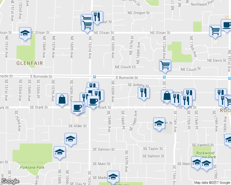 map of restaurants, bars, coffee shops, grocery stores, and more near 238 Southeast 165th Avenue in Portland