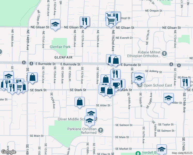 map of restaurants, bars, coffee shops, grocery stores, and more near 247F Southeast 160th Avenue in Portland