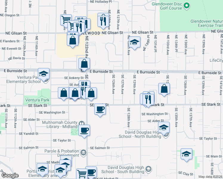map of restaurants, bars, coffee shops, grocery stores, and more near 222 Southeast 126th Avenue in Portland