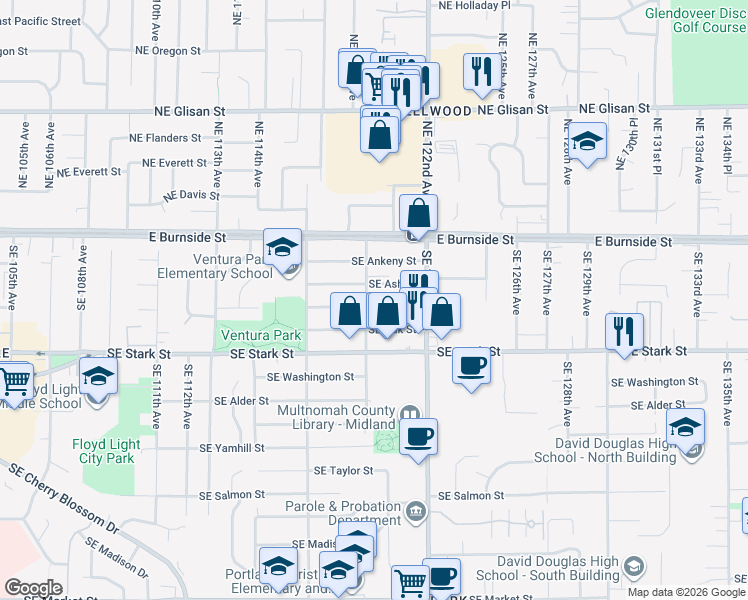 map of restaurants, bars, coffee shops, grocery stores, and more near 11929 Southeast Pine Street in Portland