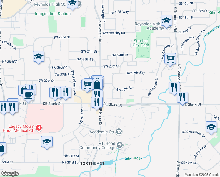 map of restaurants, bars, coffee shops, grocery stores, and more near 2839 Southwest Hewitt Avenue in Troutdale
