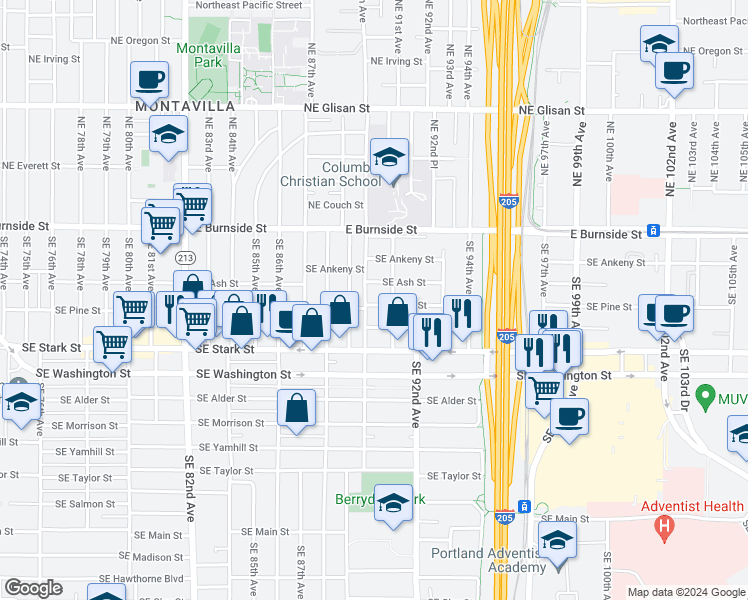 map of restaurants, bars, coffee shops, grocery stores, and more near 9015 Southeast Pine Street in Portland