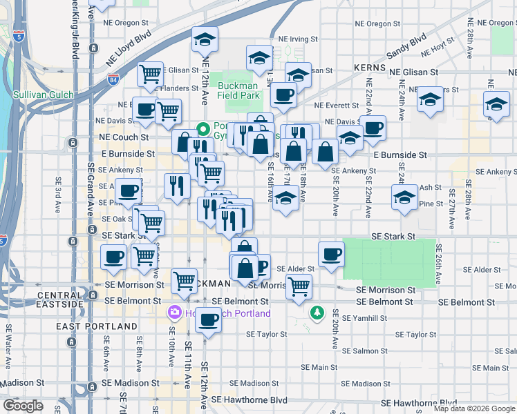 map of restaurants, bars, coffee shops, grocery stores, and more near 306 Southeast 15th Avenue in Portland
