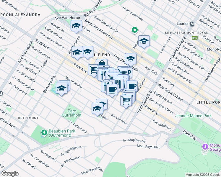 map of restaurants, bars, coffee shops, grocery stores, and more near in Montreal