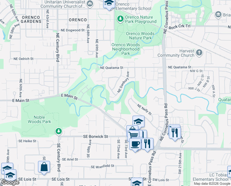 map of restaurants, bars, coffee shops, grocery stores, and more near 123 Northeast Danbury Avenue in Hillsboro