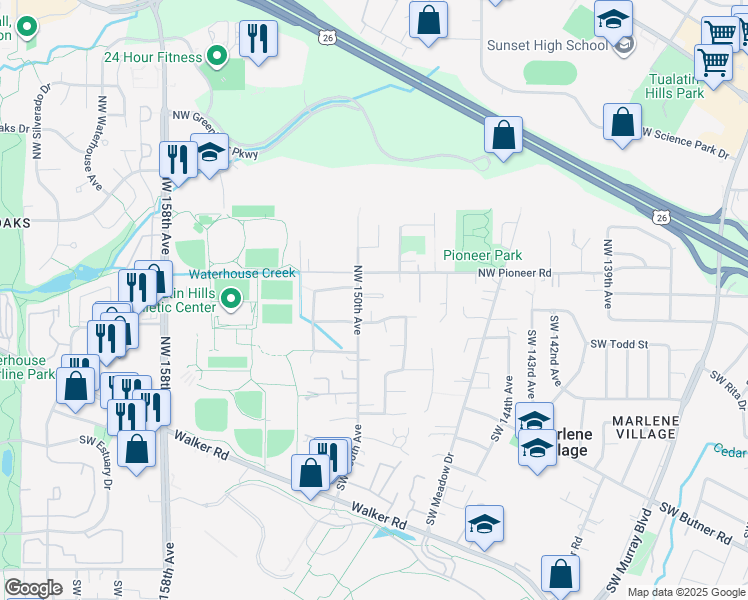 map of restaurants, bars, coffee shops, grocery stores, and more near 126 Northwest 150th Avenue in Beaverton