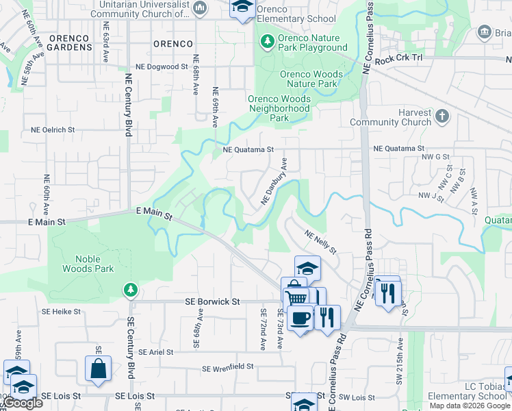 map of restaurants, bars, coffee shops, grocery stores, and more near 129 Northeast Danbury Avenue in Hillsboro