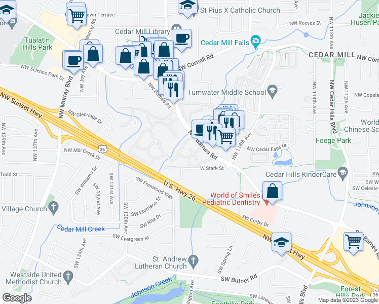 map of restaurants, bars, coffee shops, grocery stores, and more near 12220 Northwest Barnes Road in Portland