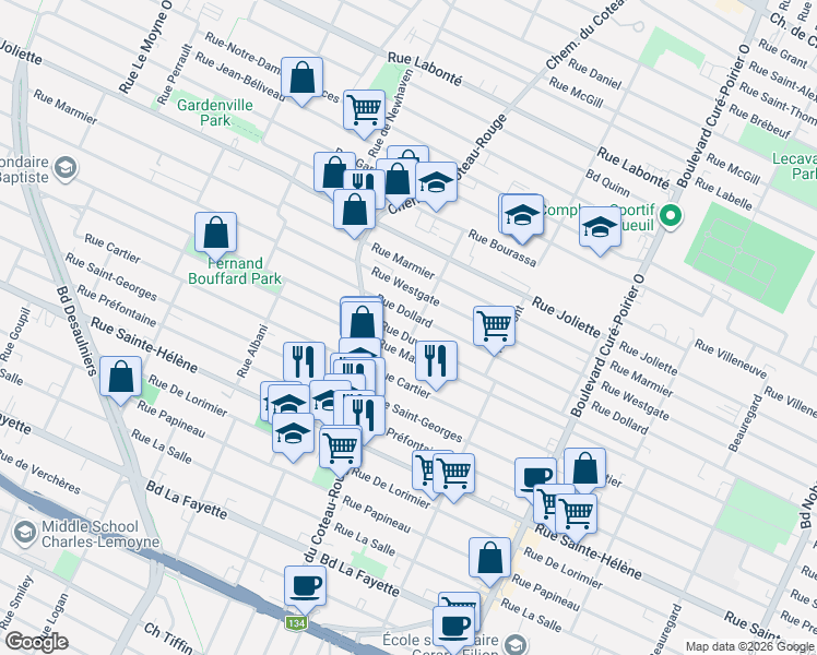 map of restaurants, bars, coffee shops, grocery stores, and more near 919 Rue Després in Longueuil