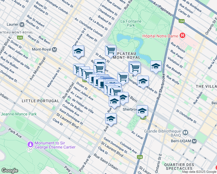map of restaurants, bars, coffee shops, grocery stores, and more near 3919 Rue Rivard in Montréal