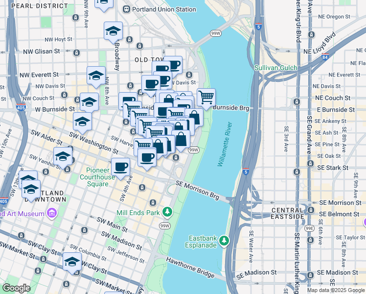 map of restaurants, bars, coffee shops, grocery stores, and more near 71 Southwest Oak Street in Portland
