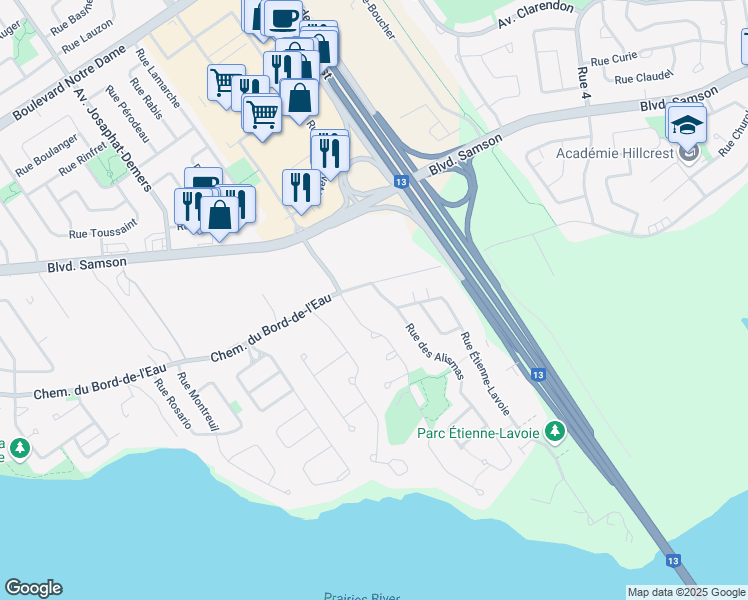 map of restaurants, bars, coffee shops, grocery stores, and more near 500 Rue des Alismas in Laval