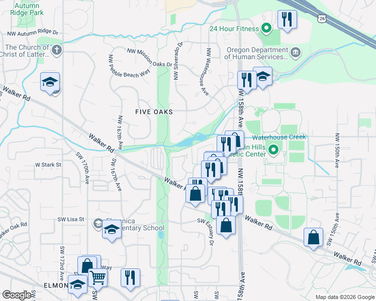 map of restaurants, bars, coffee shops, grocery stores, and more near 16295 Northwest Schendel Avenue in Beaverton