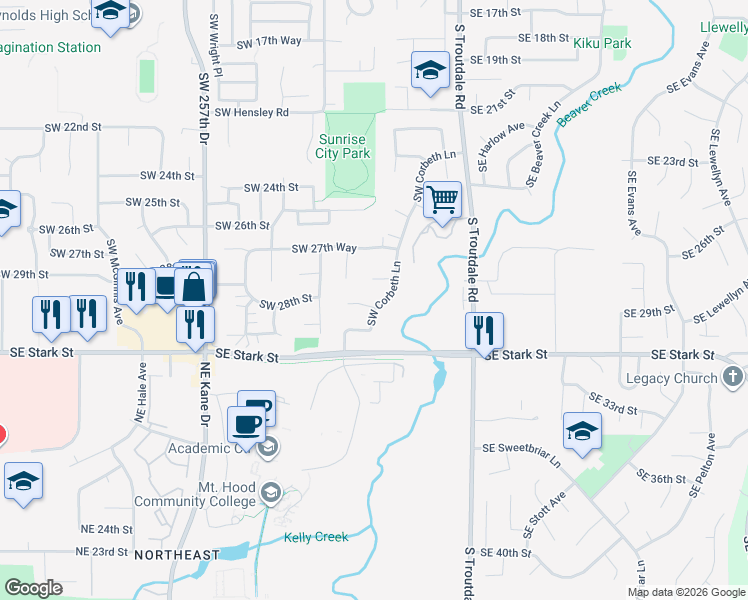 map of restaurants, bars, coffee shops, grocery stores, and more near 333 Southwest 30th Court in Troutdale