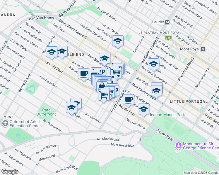 map of restaurants, bars, coffee shops, grocery stores, and more near 5099 Rue Jeanne-Mance in Montrã©Al