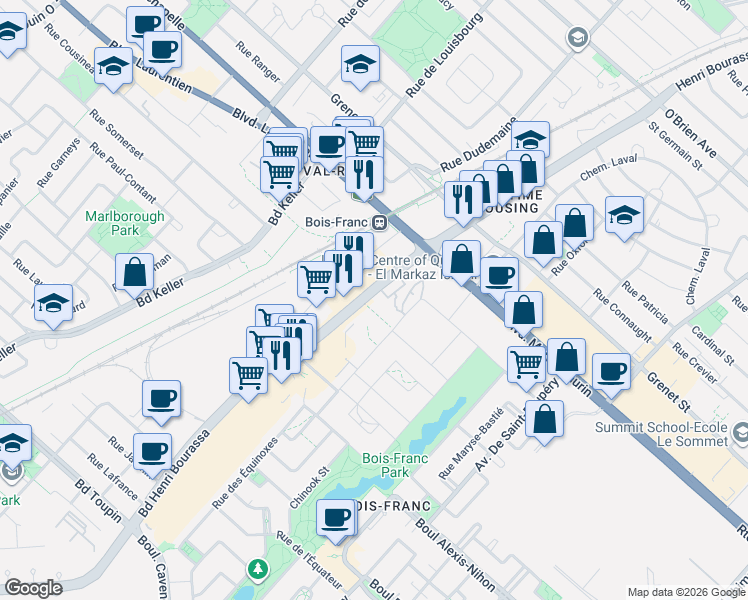 map of restaurants, bars, coffee shops, grocery stores, and more near 5250 Henri Bourassa Boulevard West in Montreal