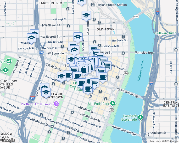 map of restaurants, bars, coffee shops, grocery stores, and more near 400 Southwest 6th Avenue in Portland