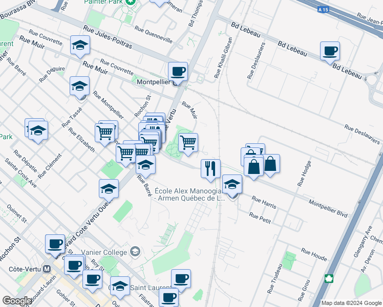 map of restaurants, bars, coffee shops, grocery stores, and more near 750 Place Fortier in Montréal
