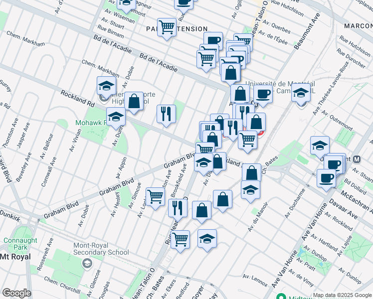 map of restaurants, bars, coffee shops, grocery stores, and more near 345 Boulevard Graham in Mont-Royal