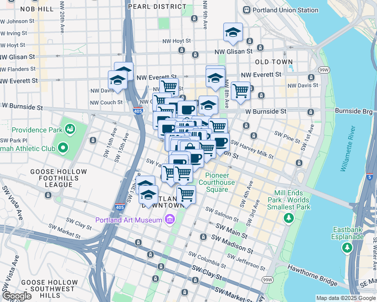 map of restaurants, bars, coffee shops, grocery stores, and more near 600 Southwest 10th Avenue in Portland