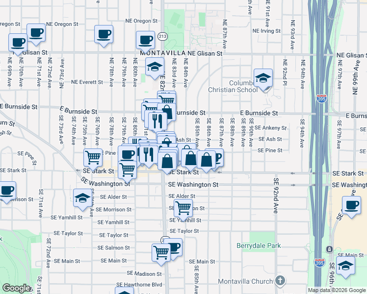 map of restaurants, bars, coffee shops, grocery stores, and more near 236 Southeast 84th Avenue in Portland
