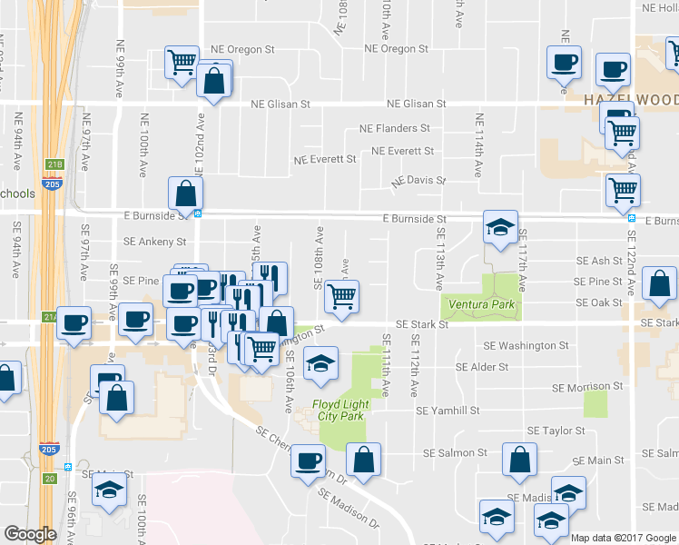 map of restaurants, bars, coffee shops, grocery stores, and more near 221 Southeast 109th Avenue in Portland