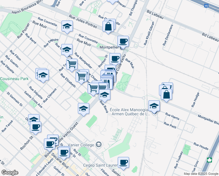 map of restaurants, bars, coffee shops, grocery stores, and more near 740 Boulevard de la Côte Vertu in Montréal