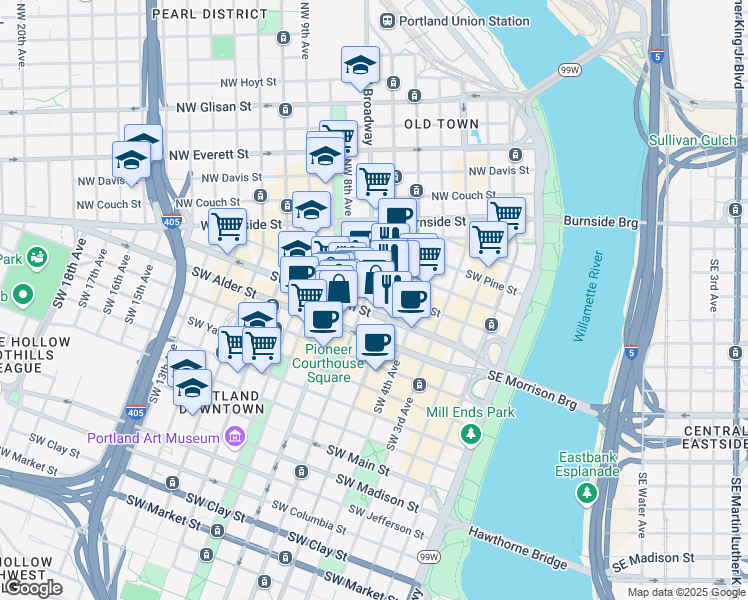 map of restaurants, bars, coffee shops, grocery stores, and more near 522 Southwest 5th Avenue in Portland