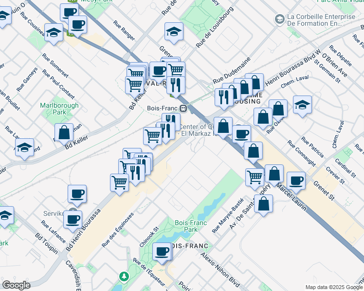 map of restaurants, bars, coffee shops, grocery stores, and more near 5250 Boulevard Henri Bourassa Ouest in Montréal