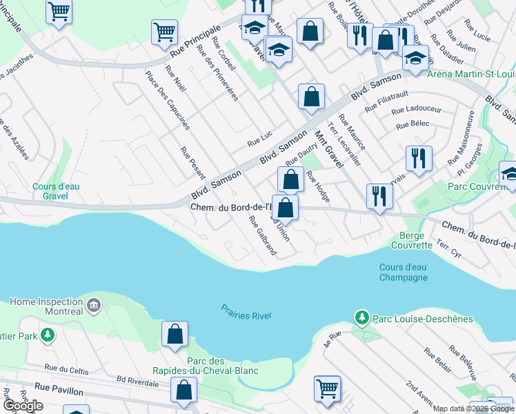 map of restaurants, bars, coffee shops, grocery stores, and more near Chemin du Bord-de-l'Eau in Laval