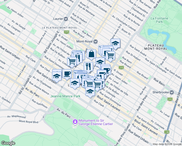 map of restaurants, bars, coffee shops, grocery stores, and more near 168 Rue Marie-Anne in Montréal