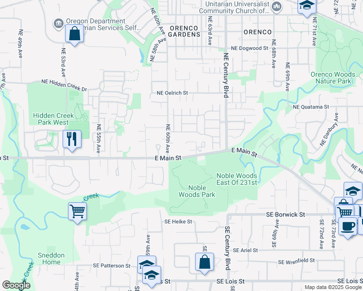 map of restaurants, bars, coffee shops, grocery stores, and more near 6214 Northeast Dereck Lane in Hillsboro