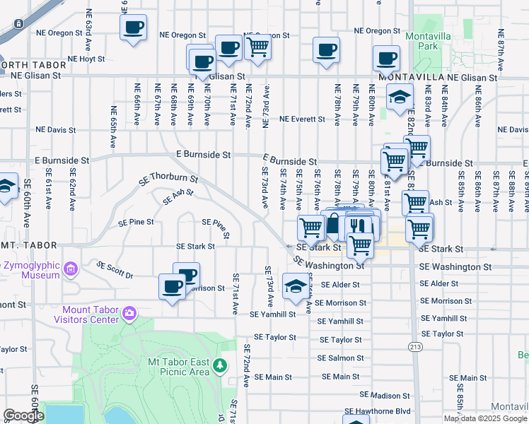 map of restaurants, bars, coffee shops, grocery stores, and more near 222 Southeast 73rd Avenue in Portland