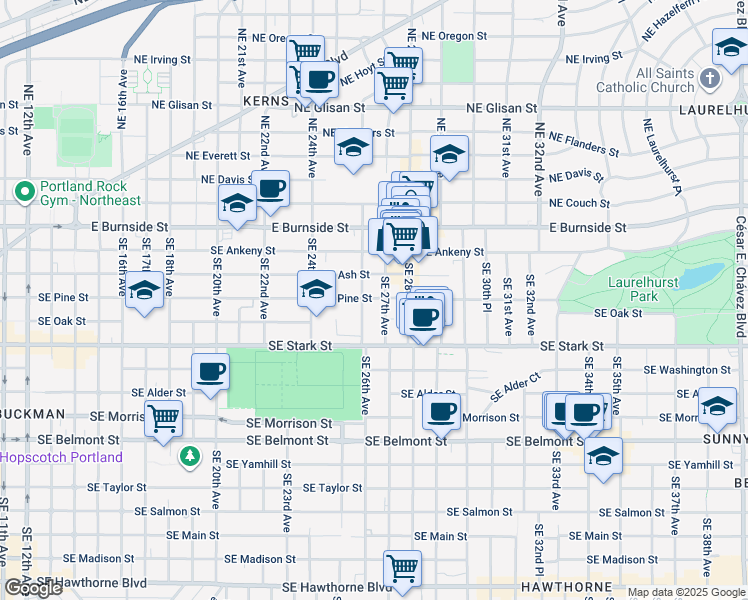 map of restaurants, bars, coffee shops, grocery stores, and more near 313 Southeast 27th Avenue in Portland