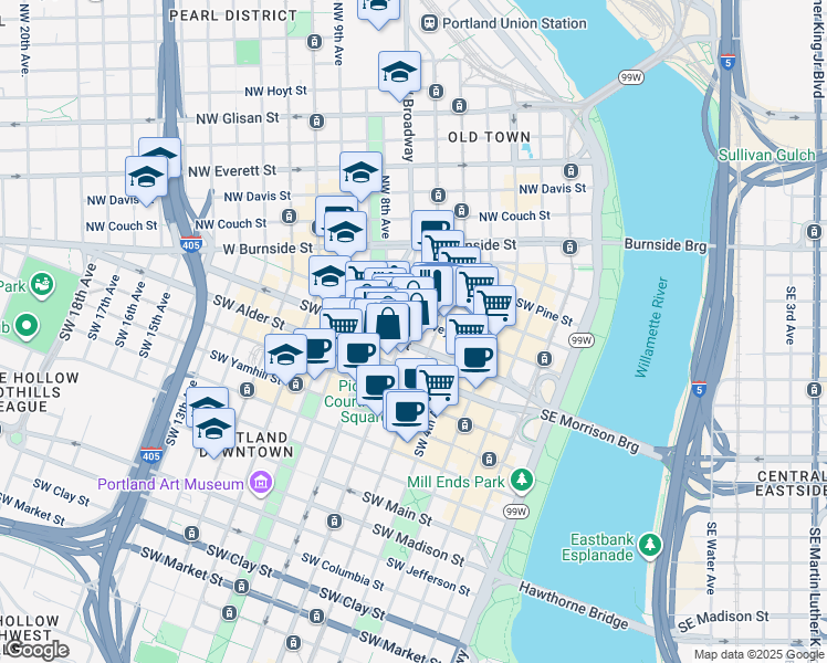 map of restaurants, bars, coffee shops, grocery stores, and more near 522 Southwest 5th Avenue in Portland