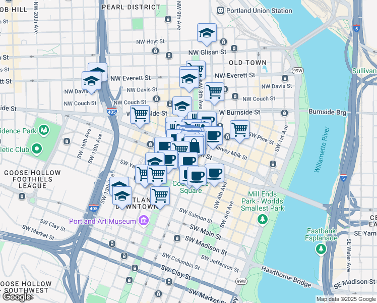 map of restaurants, bars, coffee shops, grocery stores, and more near 520 Southwest Broadway in Portland
