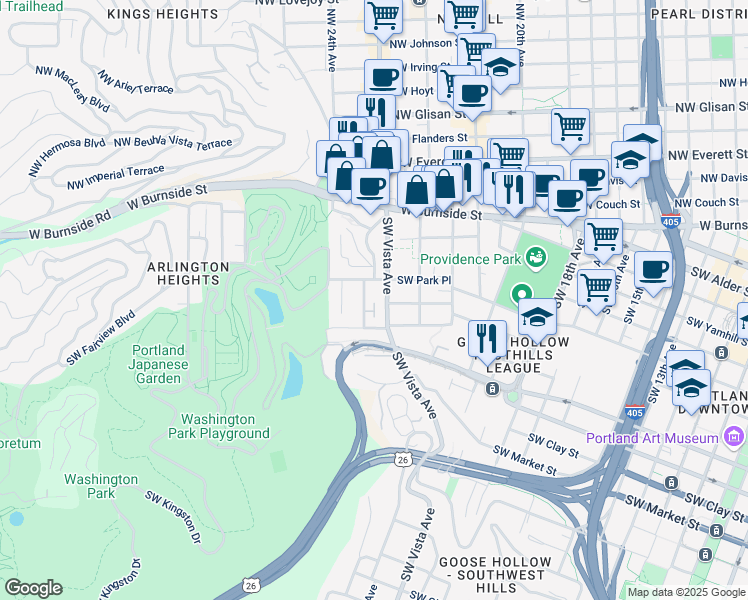 map of restaurants, bars, coffee shops, grocery stores, and more near 1107 Southwest Vista Avenue in Portland