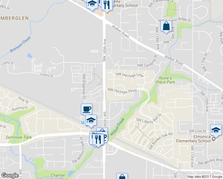 map of restaurants, bars, coffee shops, grocery stores, and more near 18380 Northwest Heritage Parkway in Beaverton
