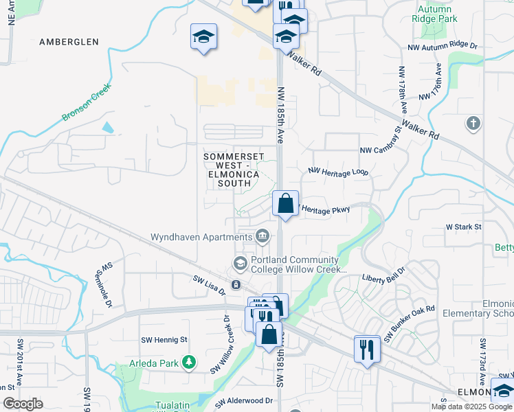 map of restaurants, bars, coffee shops, grocery stores, and more near 18599 Northwest Heritage Parkway in Beaverton