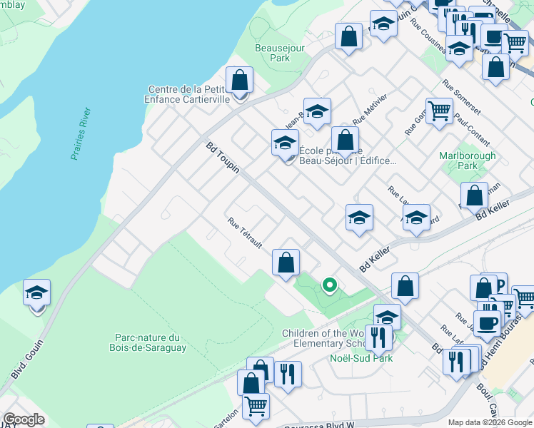 map of restaurants, bars, coffee shops, grocery stores, and more near Rue Beaudoin in Montréal
