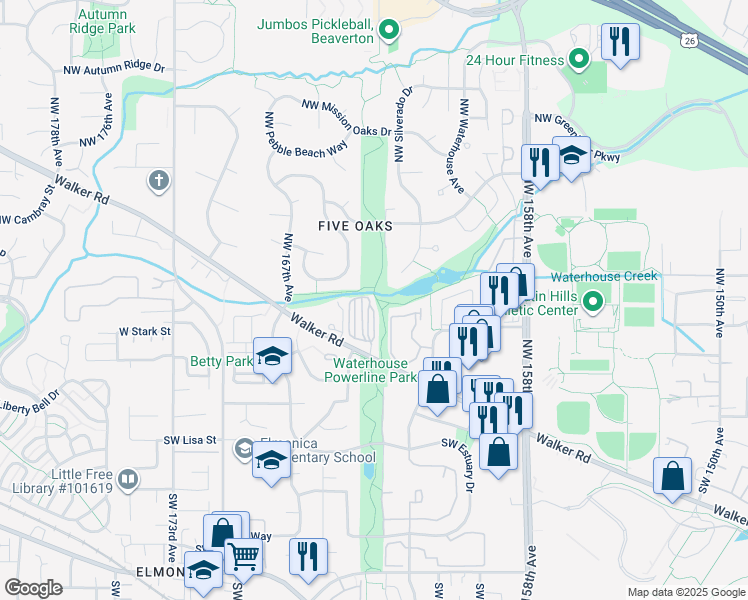 map of restaurants, bars, coffee shops, grocery stores, and more near 16405 Southwest Walker Road in Beaverton