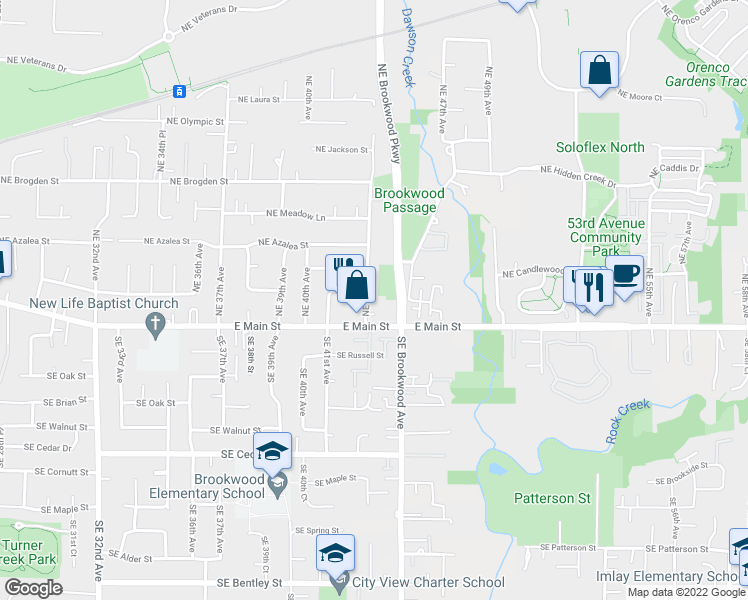 map of restaurants, bars, coffee shops, grocery stores, and more near 114 Northeast 43rd Avenue in Hillsboro